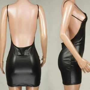 Women Ladies Sexy PU Leather Wet Look Bodycon Party Cocktail Club Mini Dress - Picture 1 of 21
