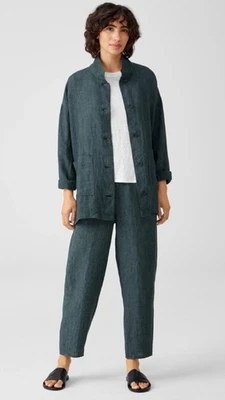 Eileen Fisher Washed Organic Linen Delave Stand Collar Jacket Pant Set Blue SP - Image 1 of 4