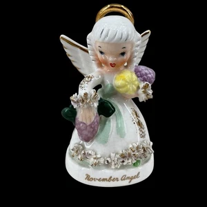 Vintage Napco November Birthday Girl Angel Gold Spaghetti Trim Green Sash C1371 - Picture 1 of 13