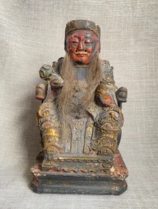 Antik c1790 Qing Chinesisch Geschnitzt Holz Tudigong Gott der Erde Statue Haar Bart - Bild 1 von 23