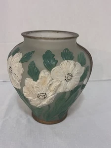 VTG Hand Painted Frosted Glass Vase Gold Green White Raised Floral Pattern - Picture 1 of 7