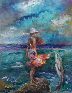 Quadro "Ragazza e Delfino". Olio su cartone. 8x10 inc. Fatto a mano. 2025. - Foto 1 di 1
