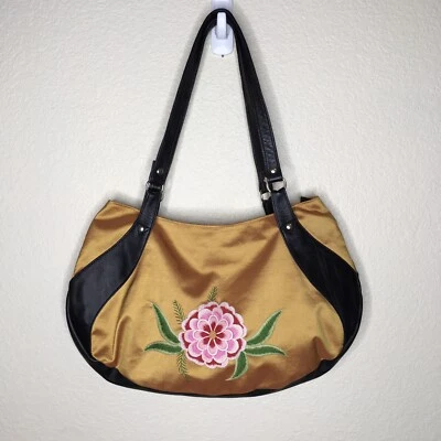 Entice Silk Purse Handbag Floral Embroidered Mustard Gold Hobo Shoulder - Image 1 of 4