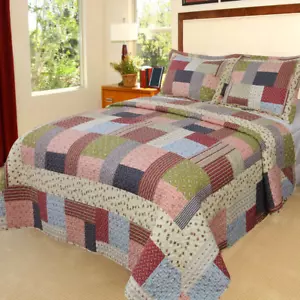 NEW!~ COZY COTTAGE COUNTRY CABIN PLAID BLUE IVORY GREEN PINK PATCHWORK QUILT SET - Picture 1 of 1