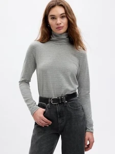 Women’s Gap $40 Lurex Stripe Gray Stretch Jersey Knit Turtleneck T-Shirt NWT - Picture 1 of 2