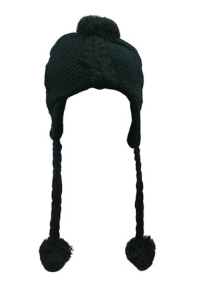 Women/Girls Knitted Hat with Braided Ties and Pom Pom SB1231 Only 1 left- Grey - Image 1 of 4