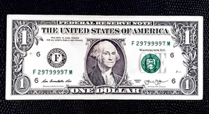 Número de serie de lujo - Billete de $1 - Trinario 5 de un tipo 9 y 1 par - 2013 F29799997M - Imagen 1 de 3