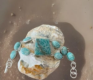 Amazonite Gemstone bracelet 20cm Long- Sterling Silver 925 Plated-Brand New - Picture 1 of 5