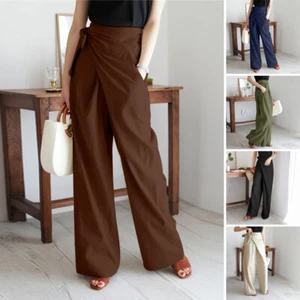 Womens Tip Belted High Waisted Wide Leg Trousers Ladies Baggy Harem Flared Pants - Picture 1 of 17