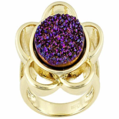 JANINE JO (TM) ROUND PURPLE COLOR DRUSY QUARTZ 18K YELLOW GOLD OVER BRASS RING  - Image 1 of 2