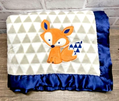 Baby Essentials Fox Applique Blanket Gray Triangles Navy Blue Satin Trim Lovey - Image 1 of 2