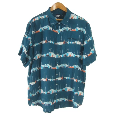 Lands End Mens XLT  Tall Teal Blue Sailboat Nautical Print SS 100% Linen Shirt - Image 1 of 4