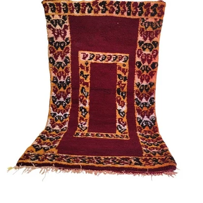 Moroccan Rug Burgundy Geometric Floral Motif Elegant Design Fringe Carpet 6x3 ft - Image 1 of 4