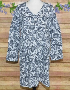 Lands End Tunic Dress Cover Up Womens M Shift Cotton Tropical Floral Navy White - Picture 1 of 11