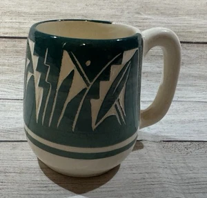 Vintage Native American Teal Coffee Cup Carved Pottery Signed by Artist 15 oz - Picture 1 of 5