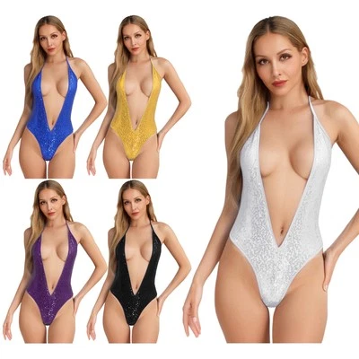 Women's Shiny Sequin Bikini Bodysuit Lace-up Halter Neck One Piece Swimsuit - Image 1 of 4