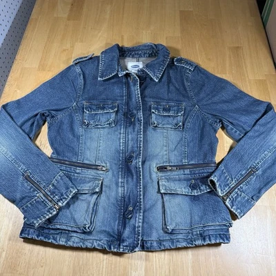 Винтажный старый темно-синий женщин джинсовой ткани военного стиля куртка размер XL синий искусственно состаренный Y2K - Изображение 1 из 4