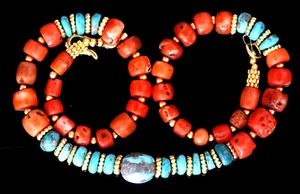 Antique Necklaces With Yemenite Red Coral, Iranian Turquoise & 22kt Gold Beads - Picture 1 of 8