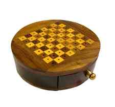 Handmade Mini Chess Board Wooden Round Pocket Travelling Chess For Birthday Gift