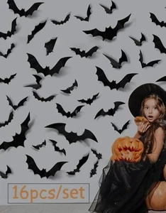 16pcs Black Bat Stickers Halloween Wall Decoration Waterproof Vinyl Decals - Picture 1 of 4