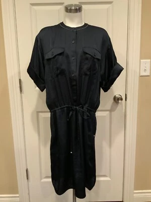 Lafayette 148 New York Navy Blue Short Sleeve Shirt Dress W/ Tie, Size Medium - Image 1 of 4