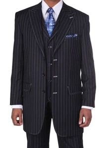 Men's 3 pcs Wool Feel Classic Gangster Pinstripe Suits with Vest 5903 Navy - Picture 1 of 8