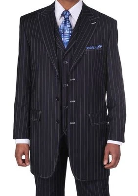 Men's 3 pcs Wool Feel Classic Gangster Pinstripe Suits with Vest 5903 Navy - Image 1 of 4