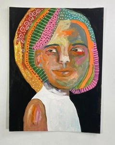 Original Portrait Painting 9x12 Colorful Unique Woman Wall Art Doodles Miz Katie - Picture 1 of 16