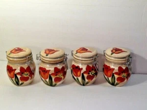 4 pc set Honolulu Hand Painted 4.5" Canister With Hinged Lid Red Flowers - Picture 1 of 6