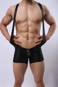 Men Bodysuit PVC Leather Style Black Wrestling Bodies Singlet Suit Clubwear S-XL - Picture 1 of 4
