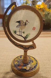 Vintage Asian Cloisonne Rotating Swivel Silk Embroidered Bird Art - 4.5" tall - Picture 1 of 6