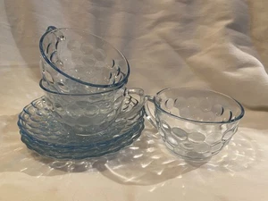 Vintage Anchor Hocking Blue Bubble Pattern Cup & Saucer Set of 3 Circa 1940's - Picture 1 of 5