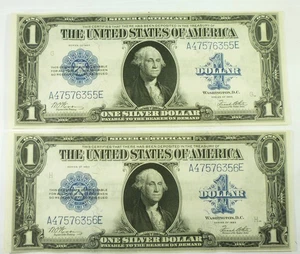 2 Series 1923 $1 Silver Certificates Consecutive Serial Numbers A47576355E & 56E - Picture 1 of 2