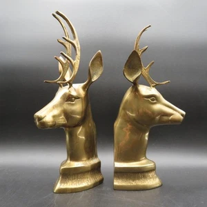 VTG Solid Brass Deer Buck Stag Bookends Pair Set Of 2 11x3” Tall Heavy Large MCM - Picture 1 of 15