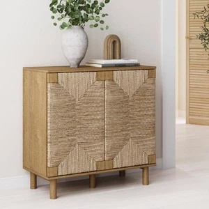 Nathan James Beacon Light Brown Natural Seagrass Doors Accent Cabinet with Shelf - Picture 1 of 9