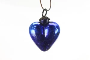 Antique Small Heart Shape Victorian Blue Glass Kugel - Handmade Ornament - Picture 1 of 12