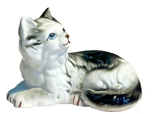 Fine Bone China Black & White Long Hair Cat 4" Figurine Taiwan Vintage - Picture 1 of 7