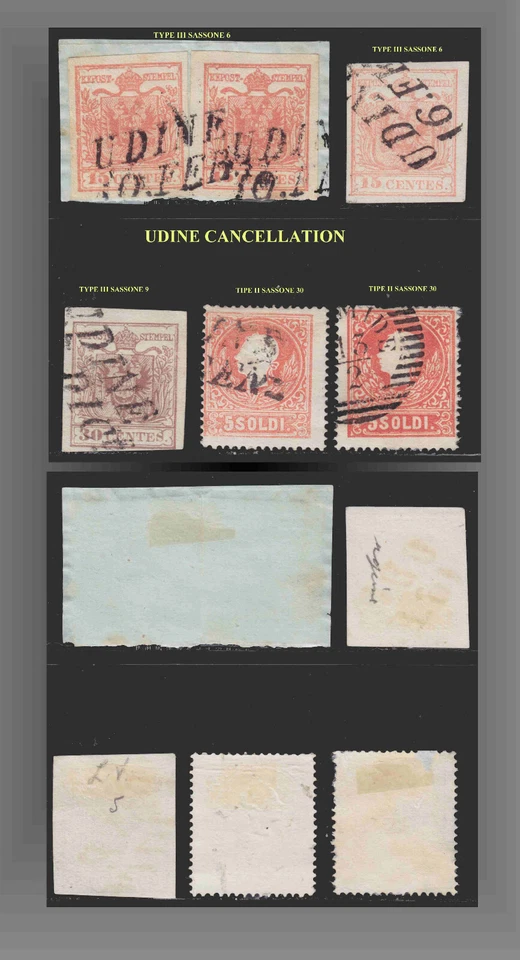 1854-1862 LOMBARDÍA-VENECIA LOTE UDINE CANCELAR 15C,30C,5SOLDI ROJO SCT.4g,5g,10 Foto 1 de 1