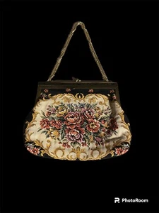 Vintage Ladies Handbag Evening Bag Purse Black Floral Tapestry Adjustable Chain - Picture 1 of 8