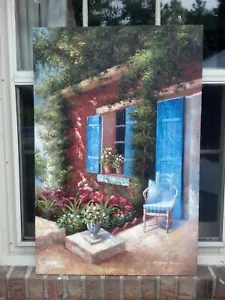Pintura al óleo - Escena de jardín persianas azules HERMOSAS - Nuevas 24"x36" - Imagen 1 de 1