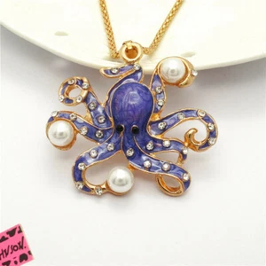 New Purple Enamel Pearl Deep Sea Octopus Fashion Women Pendant Sweater Necklace - Picture 1 of 4