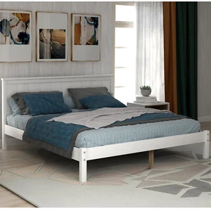Full Size Bed Frame Wood Platform Bed with Headboard Wood Slat Support White - Picture 1 of 8