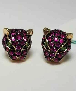 2CT Round Lab Created Pink Ruby Men Stud Panther Earring 14K Yellow Gold Plated - Picture 1 of 5