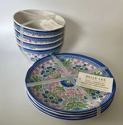 BELLA LUX Spring Pop of Color Floral Melamine Snack Plates/Bowls Set of 8 NEW - Image 1 of 4