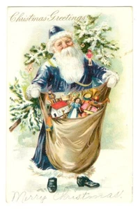 Christmas Santa Postcard BLUE Suit Sack of Toys Royal Warrant 1906 - Picture 1 of 2