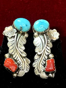 PENDIENTES VINTAGE PLATA ESTERLINA TURQUESA Y CORAL NATIVOS AMERICANOS FIRMADOS S - Imagen 1 de 12