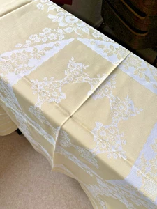 VINTAGE CREAM/WHITE COTTON/RAYON DAMASK TABLECLOTH~48" x 48" FLORAL - Picture 1 of 4
