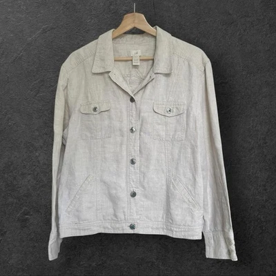 J. Jill Women's Linen Floral Embroidered trucker Jacket L Beige Cream Feminine - Image 1 of 4