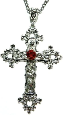 Collar Cruz Gótica Grande Colgante Tono Plata con Piedra de Cristal, en Acero 24" C Foto 1 de 4