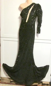 Miss Ord schwarz Pailletten 1 Schulter formelles Abendkleid Maxi Meerjungfrau Frontschlitz - M - Bild 1 von 10